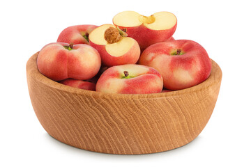 chinese flat donut peaches in wooden bowl isolated on white background