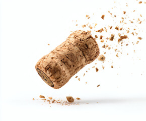 Cork popping with fragments against a clean white background.