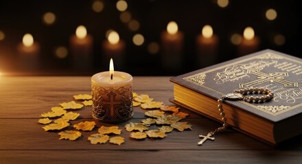 All Saints' Day solemn remembrance, a glowing ornate candle with cross, sacred ancient Christian book, beaded rosary, golden autumn leaves, rustic wooden table, warm spiritual light.