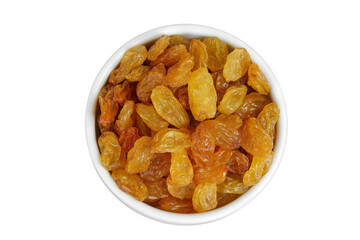 Yellow Raisins in ceramic bowl isolated on white background. Top view. Flat lay