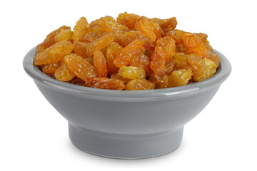 Yellow Raisins in ceramic bowl isolated on white background.