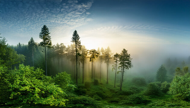 Lush Forest At Dawn A Dense Forest With Towering Trees Shrouded In Morning Mist
