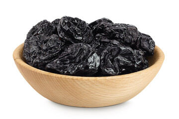 Prunes in wooden bowl isolated on white background, heap of dried plums