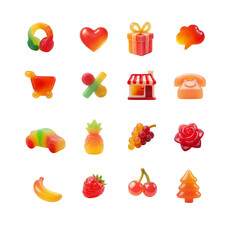Gummy candy icons for a confectionery website on transparent background with colorful shapes