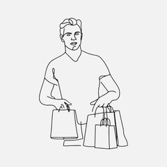 Handsome man shopping supermarket hand drawing monoline illustration