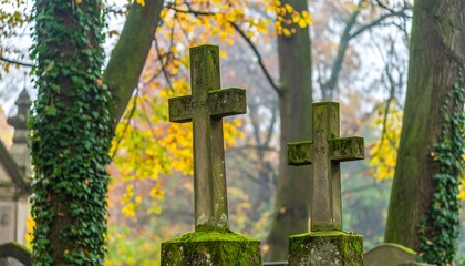 Two weathered crosses in a misty autumn cemetery