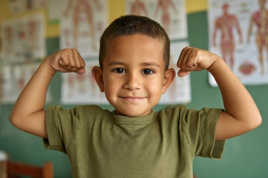 A cheerful Hispanic boy proudly flexes his muscles in a school setting, standing before body anatomy posters. His green t-shirt contrasts his vibrant smile as he shows off his strength.