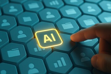Finger touching glowing AI hexagon button on digital technology interface 
