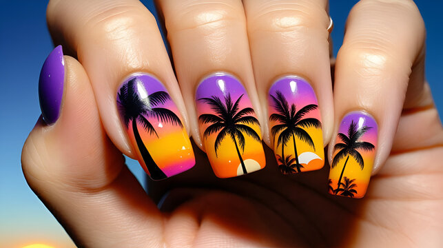 Close-up of fingernails with sunset and palm tree nail art.