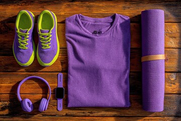 Vibrant purple and neon green fitness equipment flat lay on rustic wood.