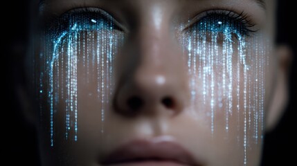 Close-up of a face with sparkling digital effects resembling tears cascading from the eyes. The glowing elements create a futuristic and emotional atmosphere. No text is present