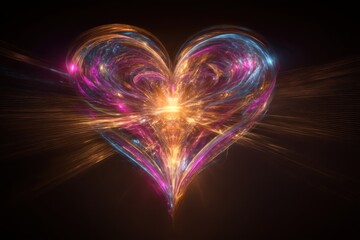 A vibrant, dynamic heart shape composed of colorful swirling light patterns featuring hues of blue, pink, and gold, radiating energy on a dark background, conveying warmth and emotion