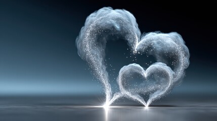 Two white heart shapes formed by intricate swirling clouds of mist float above reflective, darkened surface, illuminated from below, creating an ethereal, romantic and dreamy atmosphere