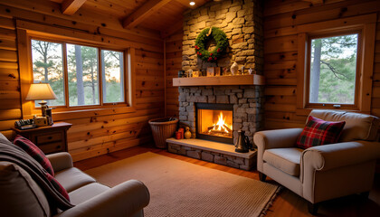 Cozy wooden living room with fireplace and holiday decorations  