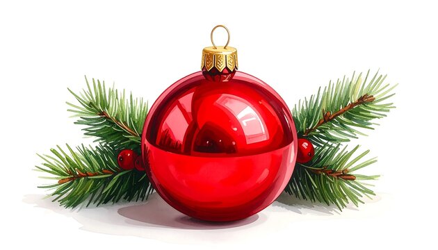 A glossy red Christmas ornament, nestled beside a sprig of vibrant green pine boughs, evokes a festive holiday spirit.