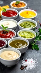 Various sauces in small white bowls on a dark surface