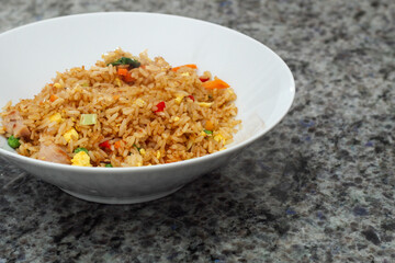 Prepared Chicken Fried Rice in White Bowl