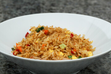 Prepared Chicken Fried Rice in White Bowl