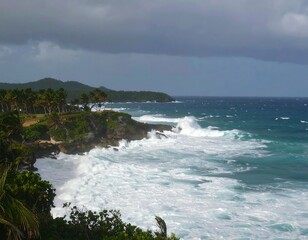 Naklejka premium Tropical coastline under a stormy sky