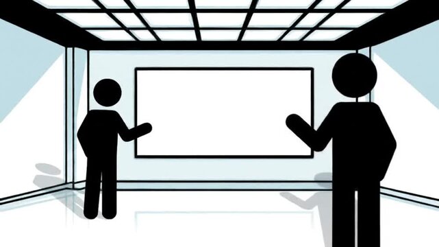 Abstract black silhouettes of two figures standing in a light blue space with a white screen and modern ceiling