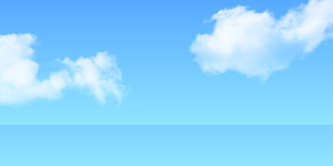 Blue sky with clouds and sea horizon. Peaceful daytime scene with soft white clouds and clear ocean line. Calm nature background for summer, travel, relaxation themes. Realistic vector illustration.