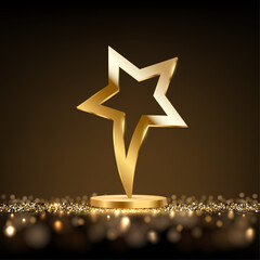 Golden award trophy. Metal gold star shaped cup. Realistic vector illustration of winners cup for sport competition, business achievement, recognition, leadership, promotion.