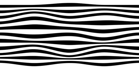 Black and white wavy stripes pattern. Abstract horizontal lines creating optical illusion and modern minimalist design. Vector background for textile, wallpaper, or graphic design projects.