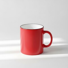 Red ceramic mug isolated on white background, perfect for showcasing beverage or branding designs in a simple setting