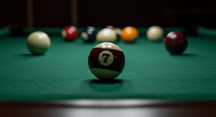 Billiard balls on green table surface ready for play close up shot
