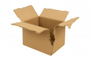 Empty cardboard box with torn side and open flaps, showing damage from delivery or moving, transparent background