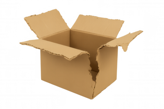 Empty cardboard box with torn side and open flaps, showing damage from delivery or moving, transparent background