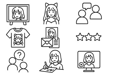 Anime Fan Icon Set. Line style icons of anime fan engagement: fan art board, cosplay icon, discussion forum, merch item, fan