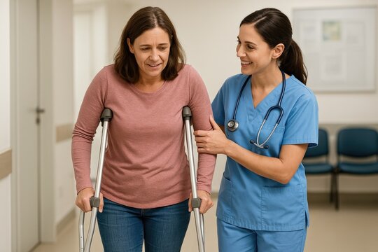 Nurse assisting woman with crutches while walking in hospital corridor  