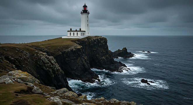 Dramatic lighthouse on rocky coastline under a stormy sky - Powered by Adobe