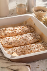 Hot sunflower seed ciabattas made of wheat flour.