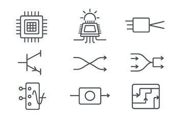 Optical Computing Icons. Line style icons of optical computing essentials: photonic chip, light-based processor, laser input,