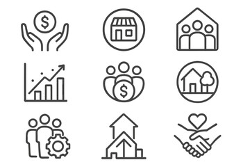 Community Wealth Icons. Line style icons of community wealth building: cooperative funding icon, local enterprise badge, shared