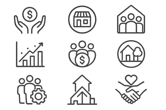 Community Wealth Icons. Line style icons of community wealth building: cooperative funding icon, local enterprise badge, shared