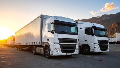 Two modern white semi-trucks are parked in a parking lot at sunset, showcasing their streamlined design and commercial functionality.
