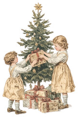Naklejka na ściany i meble PNG Old-world Children unpacking presents christmas children tree. Naklejka na ściany i meble PNG Old-world Children unpacking presents christmas children tree.