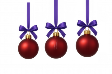 Red christmas baubles hanging by purple ribbons, festive holiday season decoration with transparent background