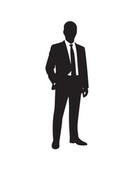 black silhouette of man in suit standing upright backlit shadow minimalist vector perfect for logos posters and editorial layouts