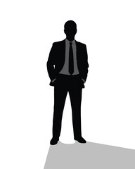 formal businessman silhouette standing full body with tie and pocketed hands simple vector for branding presentation and web design
