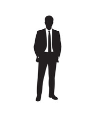 high contrast vector silhouette of male in suit standing straight minimalist profile for corporate design editorial and print