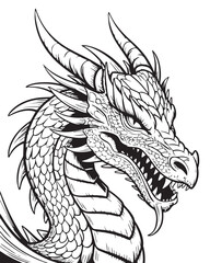 medieval dragon head line art vector detailed scales horns teeth monochrome printable coloring page