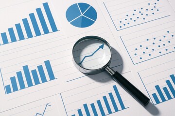 Magnifying glass over paper with blue bar and pie charts for business analysis 
