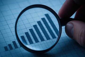 Magnifying glass focusing on financial bar chart showing business growth 
