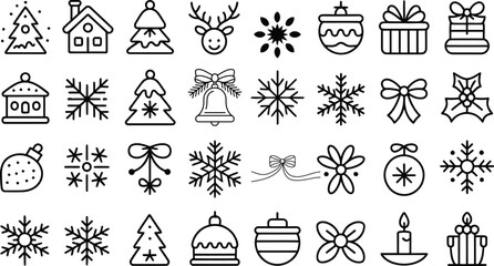 A collection of black and white Christmas holiday line icons set for winter celebration design
