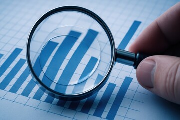 Magnifying glass over financial growth chart on paper for business analysis 
