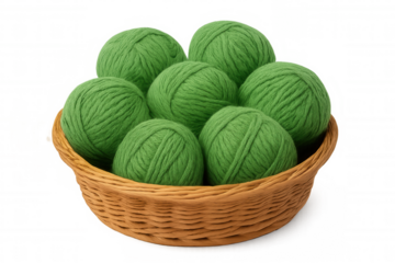 Green yarn wool balls filling a wicker basket, representing knitting, craft, hobby, and creative leisure activities